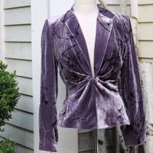 Kay Unger Purple Black Print Silk Blend Velvet Cinched Front Jacket Sz 10